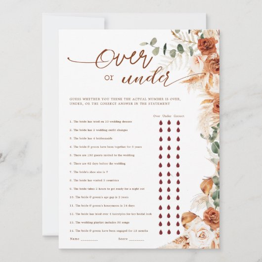 Carte Terracotta Floral Over or Under Bridal Shower Game (Devant)