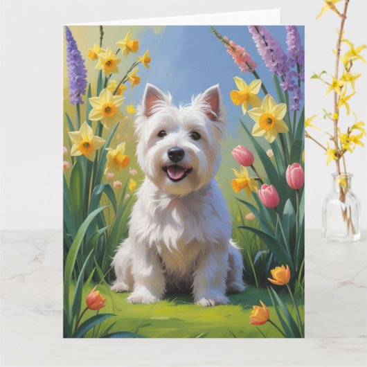 Carte Terrier blanc West Highland Fleurs de printemps  (Fleur jaune)