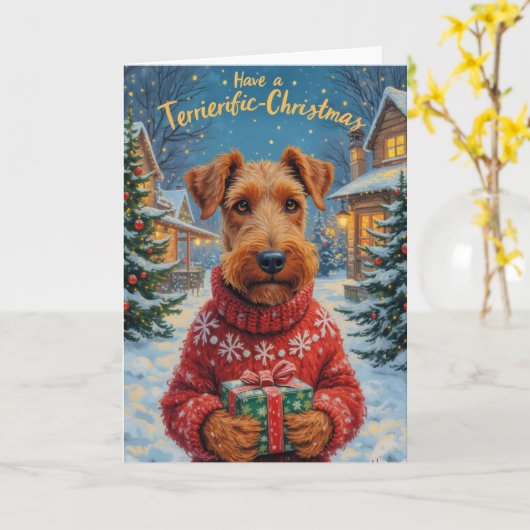 Carte Terrier-ific Airedale Terrier Salutation de Noël (Fleur jaune)