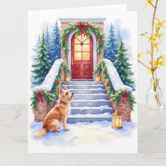 Carte Terrier Tchèque Escalier enneigé Art de Noël (Fleur jaune)
