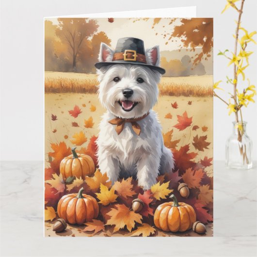 Carte Terrier West Highland Blanc Feuilles d'Automne (Fleur jaune)