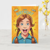 Carte Tête rouge fille d'anniversaire en Pigtails Style  (Fleur jaune)