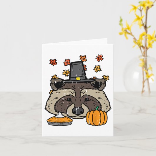 Carte Thanksgiving Pilgrim Raccoon mignon Automne Hommes (Fleur jaune)
