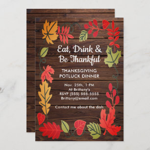 Carte Thanksgiving Potluck Diner Dark Brown Wood Invitat