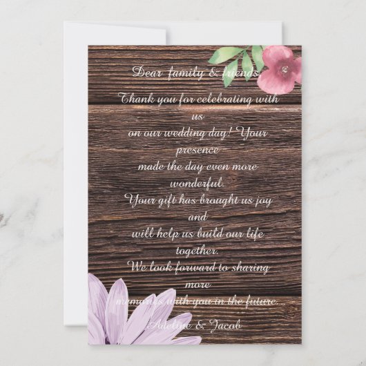 Carte Thankyou Mariage en bois rustique (Dos)