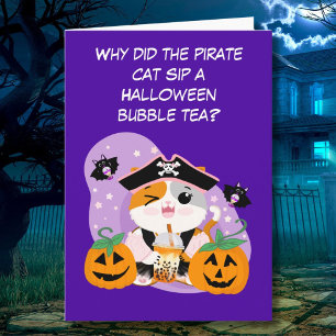 Carte Thé à bulles avec un chat kawaii pirate Halloween