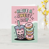 Carte Thé aux perles et donuts Kawaii Pastel Joyeux Anni (Fleur jaune)