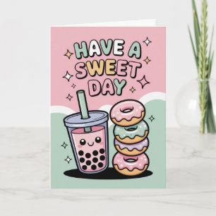 Carte Thé aux perles pastel Kawaii et gâteau d'anniversa