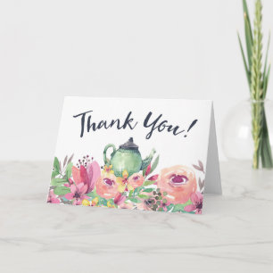 Carte Théière d'aquarelle et Merci floral