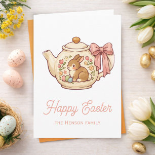 Carte Théière de Pâques Lapin Mignon Fleurs