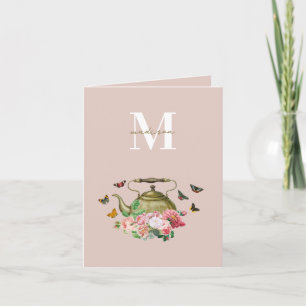 Carte Théière Party Fleurs Roses et Papillons Monogramme
