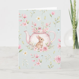 Carte Théière Rose Fleurie de Pâques Lapin Fantaisiste 