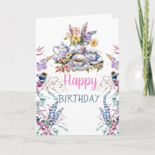 Carte Théière tasse de thé Prairie de fleurs sauvages