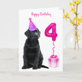 Carte Thème de chiot 4e anniversaire - mignon chien rose (Fleur jaune)