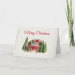 Carte Thème extérieur du camping de Noël Trailer<br><div class="desc">Carte de Noël avec un thème de Noël mignon et fantaisiste. Une caravane cosy décorée pour Noël entre quelques pins.</div>