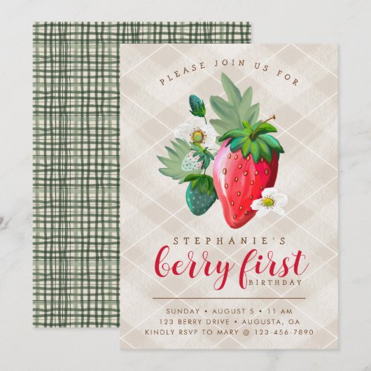 Carte Thème fraise, premier anniversaire, Anniversaire d (Devant / Derrière)