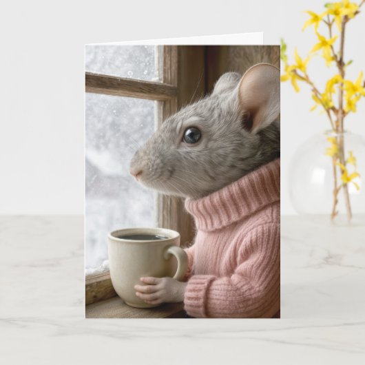 Carte Thinking of You Mouse With a Cup of Coffee (Fleur jaune)