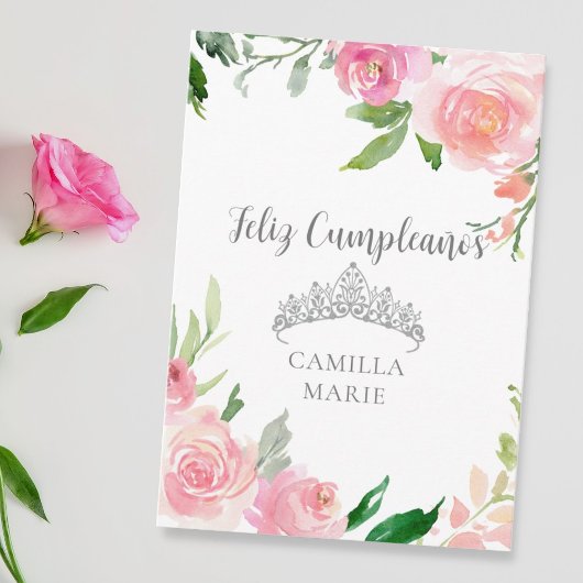 Carte Tiare Floral Rose Chic Argenté Feliz Cumpleaños