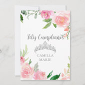 Carte Tiare Floral Rose Chic Argenté Feliz Cumpleaños (Devant)