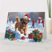 Carte Tibetan Mastiff courant dans la neige avec un chap (Devant)
