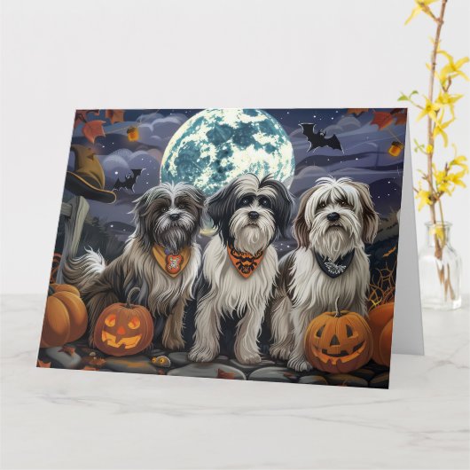 Carte Tibetan Terrier Halloween Effrayant (Fleur jaune)
