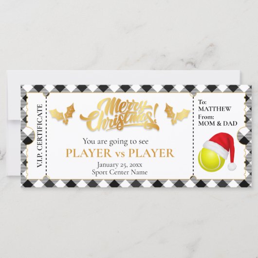 Carte Ticket Tennis de Noël, Bon cadeau Surprise (Devant)