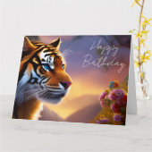 Carte Tigre bleu et fleurs roses (Fleur jaune)