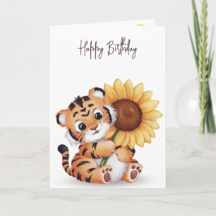 Carte Tigre d'anniversaire tenant un tournesol