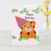 Carte Tigre doux dans un Casquette d'anniversaire (Fleur jaune)