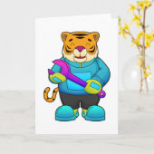 Carte Tigre en mécanicien avec clé anglaise (Fleur jaune)