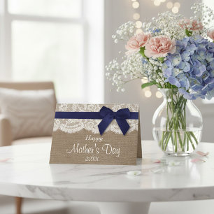 Carte Toile de jute, dentelle et noeud marin Bonne fête