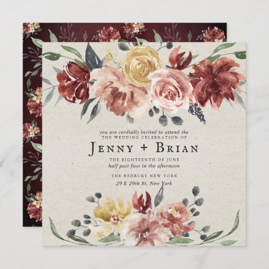 Carte Tomber dans l'amour | Rustic Bloom Carré Mariage (Devant / Derrière)