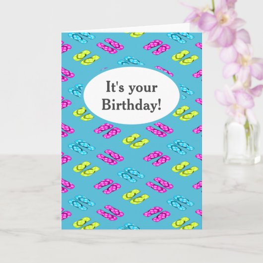Carte Tongs de plage d'été d'anniversaire sur fond bleu (Orchidée)