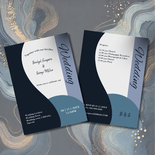Carte tons bleus simple boho chic mariage