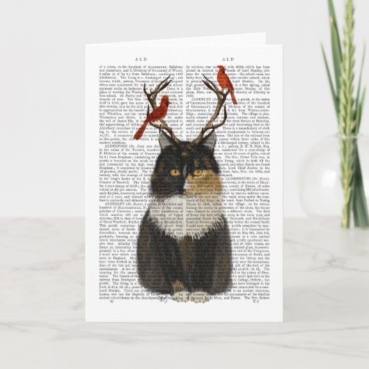 Carte Tortoiseshell Cat with Antlers and Red Birds (Devant)