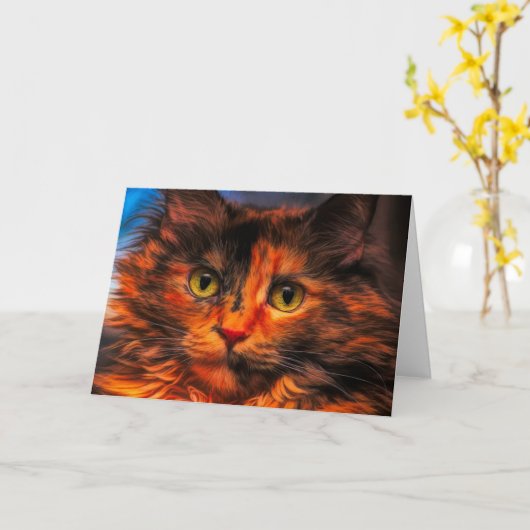 Carte Tortoiseshell Fluffy Chat peinture numérique à l'h (Fleur jaune)