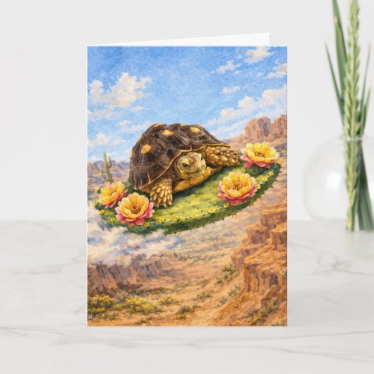 Carte Tortue à l'aquarelle volant sur un coussin de cact (Devant)