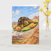 Carte Tortue à l'aquarelle volant sur un coussin de cact (Fleur jaune)