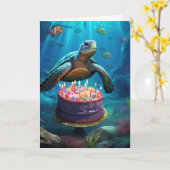 Carte Tortue au gâteau d'anniversaire (Fleur jaune)