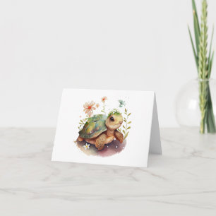 Carte Tortue Bébé mignonne avec Fleurs BLANC