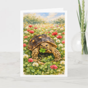 Carte Tortue d'anniversaire joyeux aquarelle avec trèfle