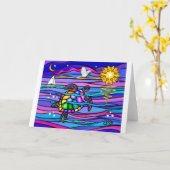 Carte Tortue de mer (bleu/rose) (Fleur jaune)