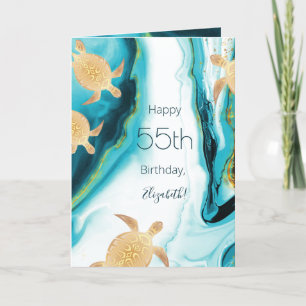 Carte Tortues de mer d'or Encre Turquoise Anniversaire