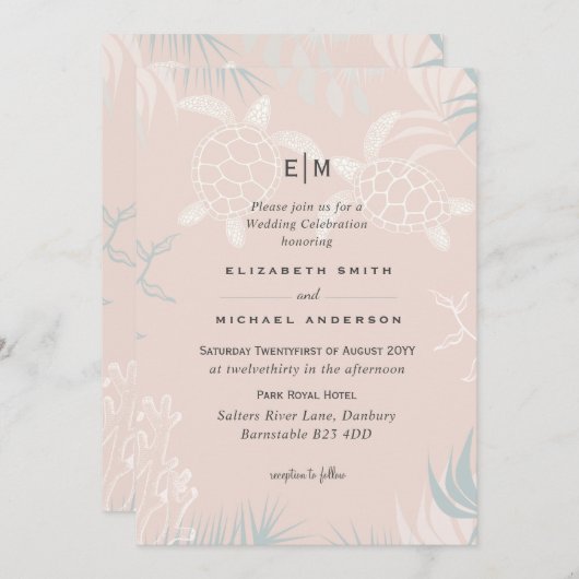 Carte Tortues marines PLAGE Mariage Corail Turquoise Tur (Devant / Derrière)