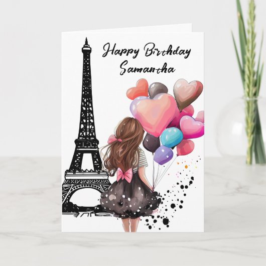 Carte Tour Eiffel Chic, Fille, Ballons Coeur Anniversair (Devant)