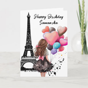 Carte Tour Eiffel Chic, Fille, Ballons Coeur Anniversair