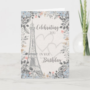 Carte Tour Eiffel d'anniversaire avec cadre floral