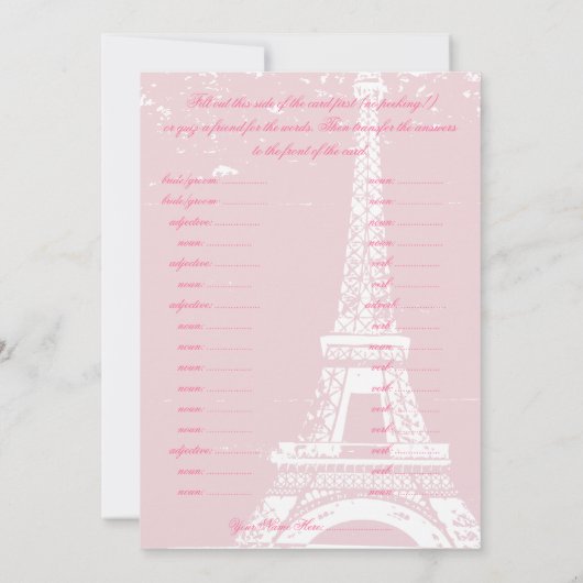 Carte Tour Eiffel rose Mariage Vows Libs Jeu (Dos)