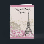 Carte Tour Eiffel vintage aux fleurs roses Anniversaire<br><div class="desc">Un collage vintage fantaisiste qui a un vieil arrière - plan de carte postale française avec un croquis de tour eiffel et quelques fleurs sauvages roses et blancs en bordure du fond. Des ornements tourbillonnant soignés ornent les côtés. Joyeux Anniversaire écrit dans une police de caractères manuscrite. Customisez le message...</div>
