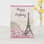 Carte Tour Eiffel vintage aux fleurs roses Anniversaire (Fleur jaune)